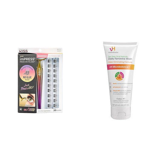 KISS imPRESS Falsies 14mm Lash Clusters 20pk + vH essentials Tea Tree Oil & Prebiotic Feminine Wash 6 Fl Oz