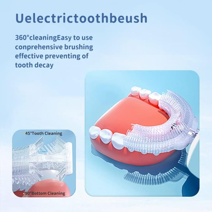 Kids Electric U Shaped Toothbrush Children Rechargeable Sonic Toothbrush with 4 Brush Heads Full Mouth 6 Cleaning Modes - (Age 2-7, Pink)