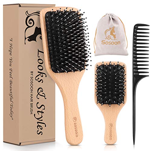 Hair Brush, 2 Pack Boar Bristle Paddle Hairbrush for Women Men Kids Reducing Frizzy, No More Tangle, Small Travel Brush Tail Comb & Giftbox Included