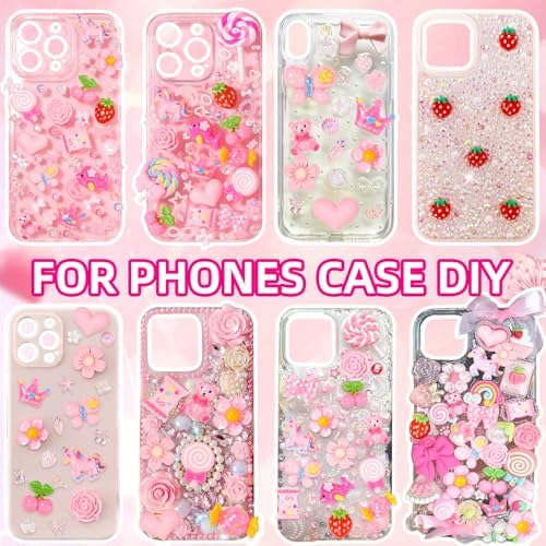 Junk Case Charms Kit, Pink White Pearls Resin Rhinestones Bedazzling Kit, Cute Candy Bear Cartoon Phone Cases Charms, Junk Case Kit with Big Charms with Glue for Crafts Nail Art DIY Accessories