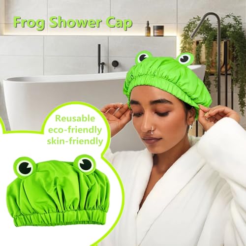 LamaMe Shower Cap, Waterproof Reusable Double Layers Bath Cap Elastic Band Hair Cap Green Frog Shower Cap for Women Ladies Spa Salon, Small