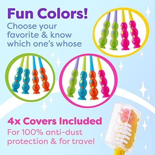 Kids Toothbrush 4 Pack - Soft Bristles with Suction Cup - Toothbrush Kids, Child Sized Brush Heads, 3-10 Year Old Kid Toothbrush with Easy Storage - Toddler, Girl and Boy Set (4-Pack, Multi-Color)
