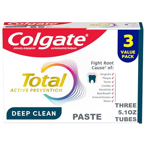 Colgate Total Active Prevention Deep Clean Toothpaste, Anticavity Fluoride Toothpaste, Clinically Proven Fluoride Formula Helps Fight Plaque Bacteria, Mint, 3 Pack, 5.1 oz