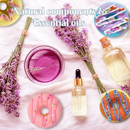 KAV Bath Bombs, 4 Donut Bath Bomb Gift Set, Natural Organic Bubble Bathbombs for Women, Gifts Stocking Stuffers Christmas Easter Self Care Gift Set for Ladies Girls Kids - 4 Scents