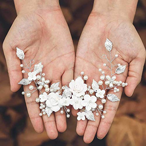 CASDRE Flower Bride Wedding Hair Vine Pearl Bridal Headpiece Leaf Hair Accessories Hair Piece for Women and Girls (A Silver)