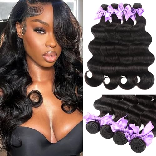 Body Wave Bundles Human Hair 18 20 22 24 Inch 4 Bundles Natural Black Brazilian Virgin Hair Weave 10A Grade 100% Unprocessed Real Human Hair Extensions for Women