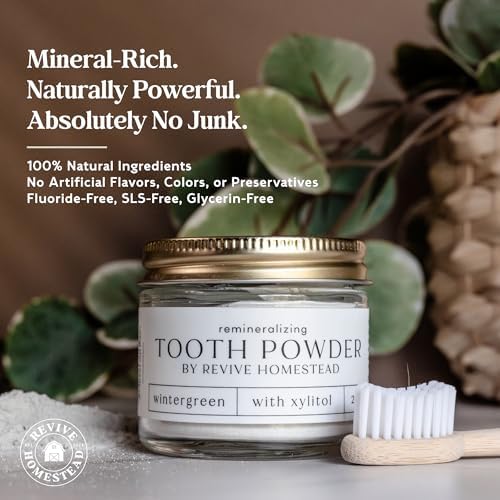 Hydroxyapatite Tooth Powder by Revive Homestead | Remineralizing Toothpaste Powder | Fluoride-Free | Whitening | Natural | 2 oz Amber Glass Jar (with Erythritol) (Wintergreen)