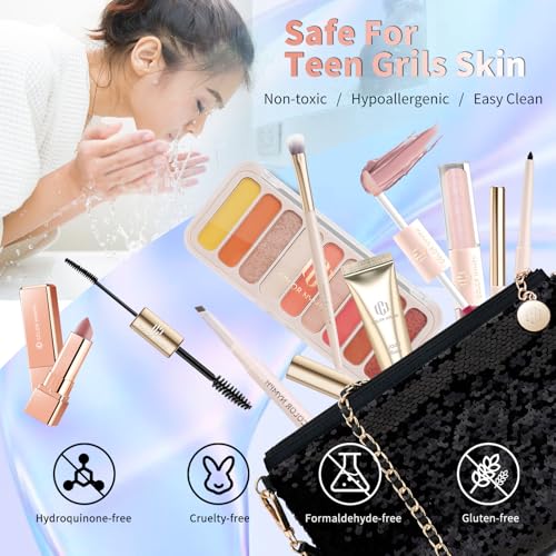 Color Nymph Teen Girls Makeup Kits, Makeup Kit For Girls All In One Makeup Sets For Women With Sequin Bag Packed Individually 9 Colors Eyeshadow Palette Lip Gloss Eyeliner Mascara -Orange Pink