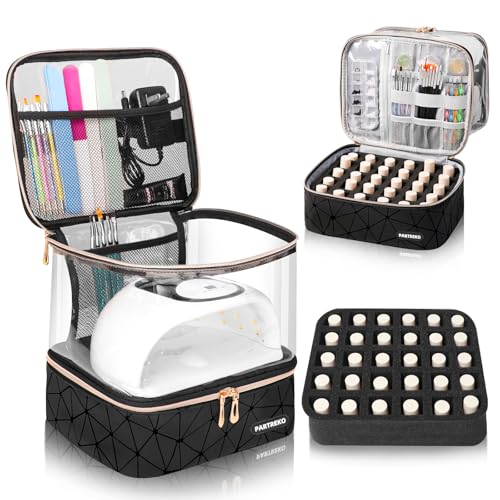 Clear Nail Polish Organizer Holds 30 Bottles (15ml/0.5fl.oz)& Nail Lamp, Double Layer Nail Supplies Organizer Case Transplant, PU Leather Nail kit Storage Bag for Manicure Tools (Black)