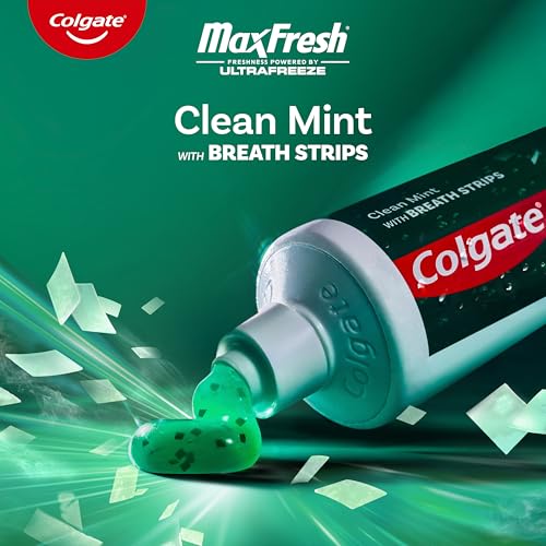 Colgate Max Fresh Whitening Toothpaste with Mini Strips, Clean Mint Toothpaste for Bad Breath, Helps Fight Cavities, Whitens Teeth, and Freshens Breath, 6.3 Ounce (Pack of 4)