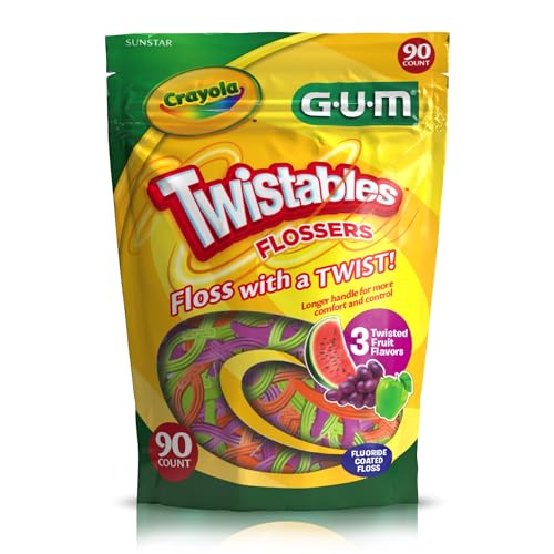 GUM Crayola Twistables Kids Flossers with Fluoride - Designed for Little Hands - Three Fun Fruit Flavors - Easy to Use Kids Floss Picks for Children Ages 3+, 90 Count (Pack of 4)