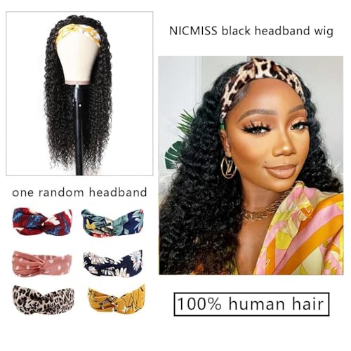 Headband Wig Human Hair Deep Wave 16 Inch Curly Headband Wigs for Black Women Human Hair Glueless None Lace Front Wig Brazilian Virgin Hair Wear and Go Wigs 150% Density Natural Black Color