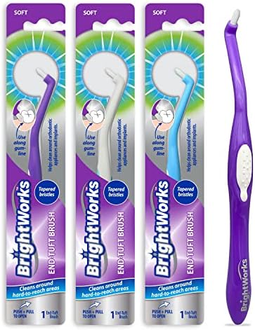 BrightWorks Manual End Tuft Brush, Cleans Difficult Areas Such as Around Crowns, Bridges, implants and Wider Gaps Between Teeth (Pack of 3)