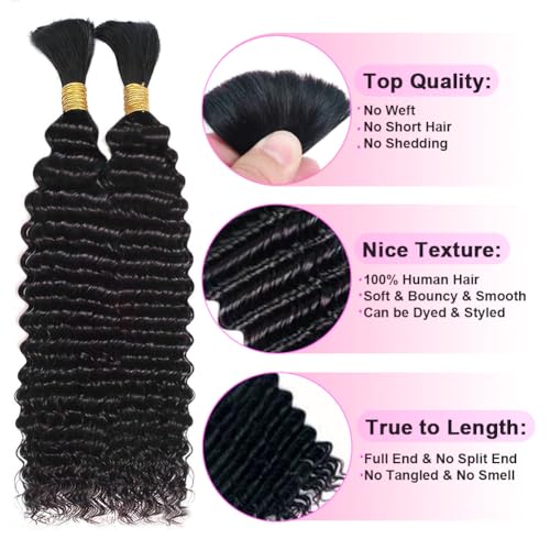 Human Braiding Hair for Boho Braids 110g Curly Boho Hair for Braiding Deep Wave Bulk Bohemian 100% Human Hair for Micro Braiding Wet and Wavy No Weft 2 Bundles Natural Color 18 Inch