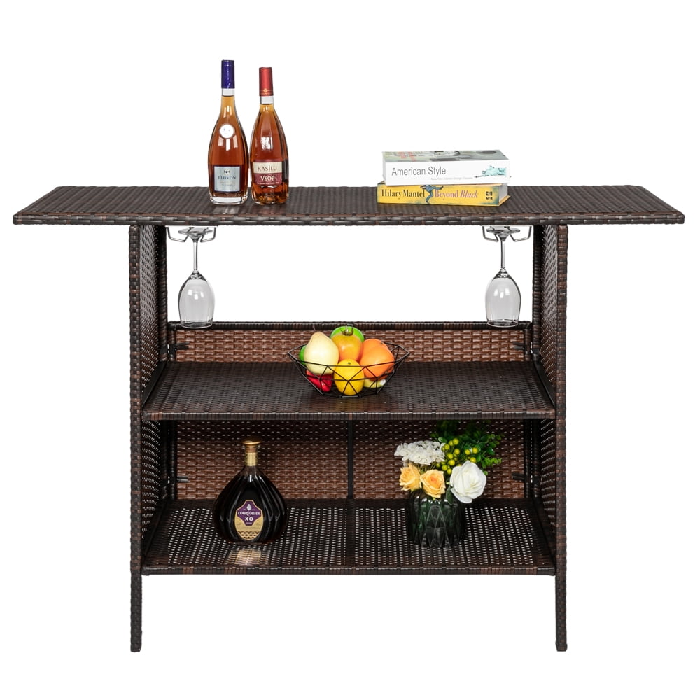 HiiKaa Patio Wicker Bar Table,Outdoor Rattan Counter Table with Steel Storage Shelves & Wine Rack for Party,Picnic,Poolside and Backyard,Brown