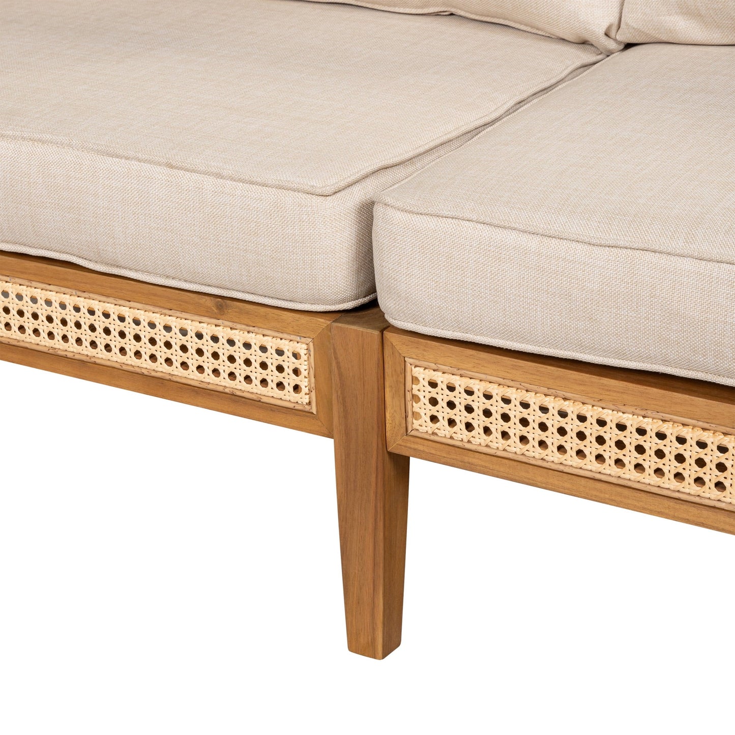 Christopher Knight Home Outdoor Wicker Sofa, Acacia Wood Frame with Cushions, Boho Patio Loveseat, Teak + Beige