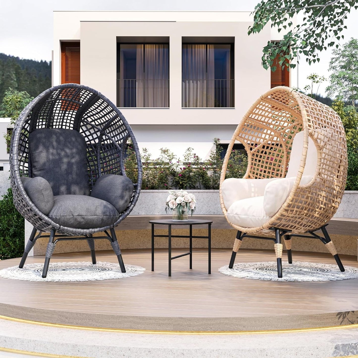 CHINNLUU Oversized Egg Chair with Thick Cushion Ergonomic Wicker Lounge Chair for Living Room, Balcony - 500lbs Capacity Indoor/Outdoor Rattan Patio Chair(Beige)
