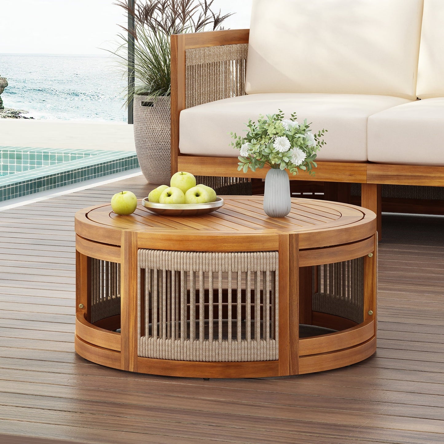 Homy Casa Round Outdoor Coffee Table for Poolside Patio Lounge, Coastal Style, Natural Wood Look