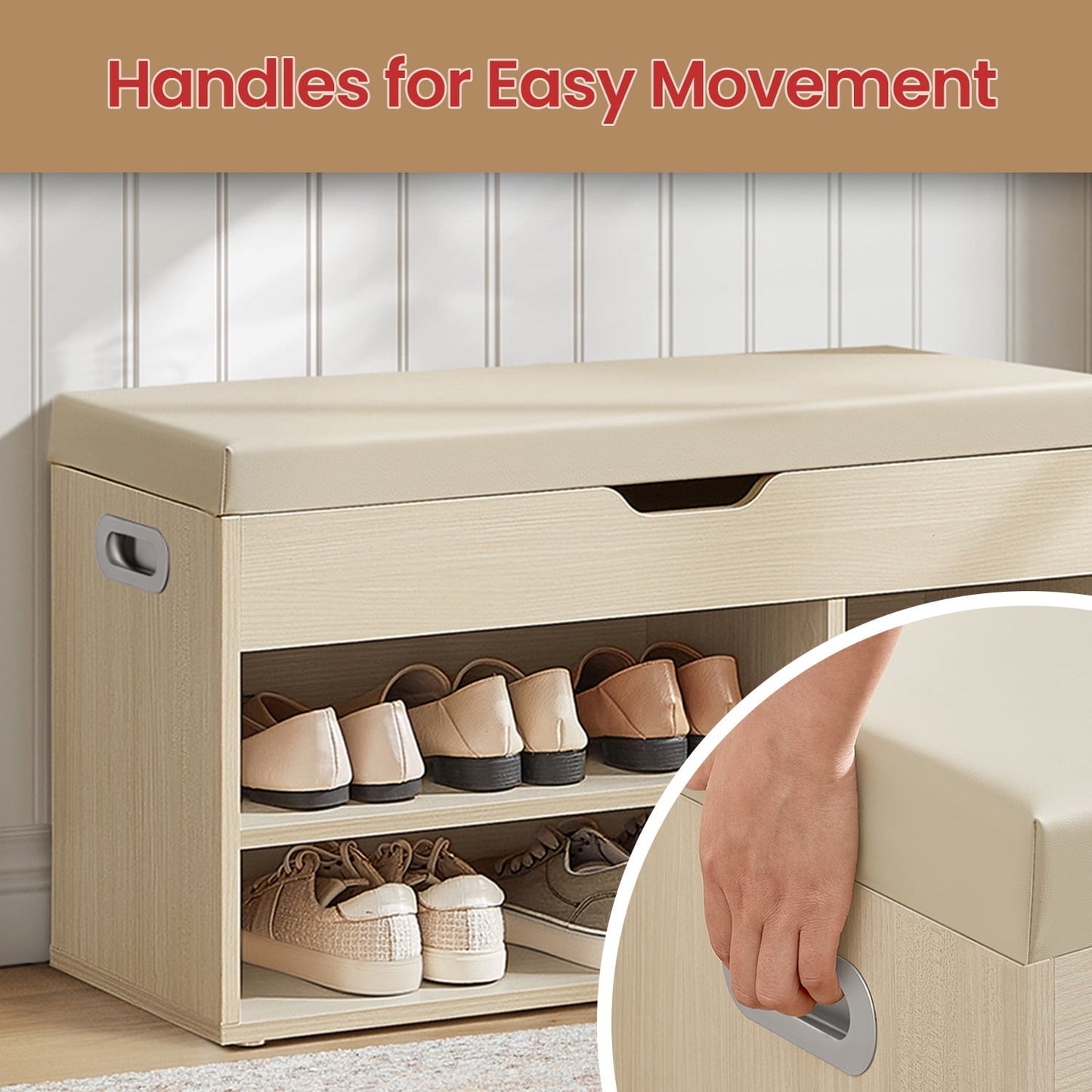 LEDREM Shoe Storage Bench with Cushion, Shoe Organizer with Compartment Open Shelf, Beige