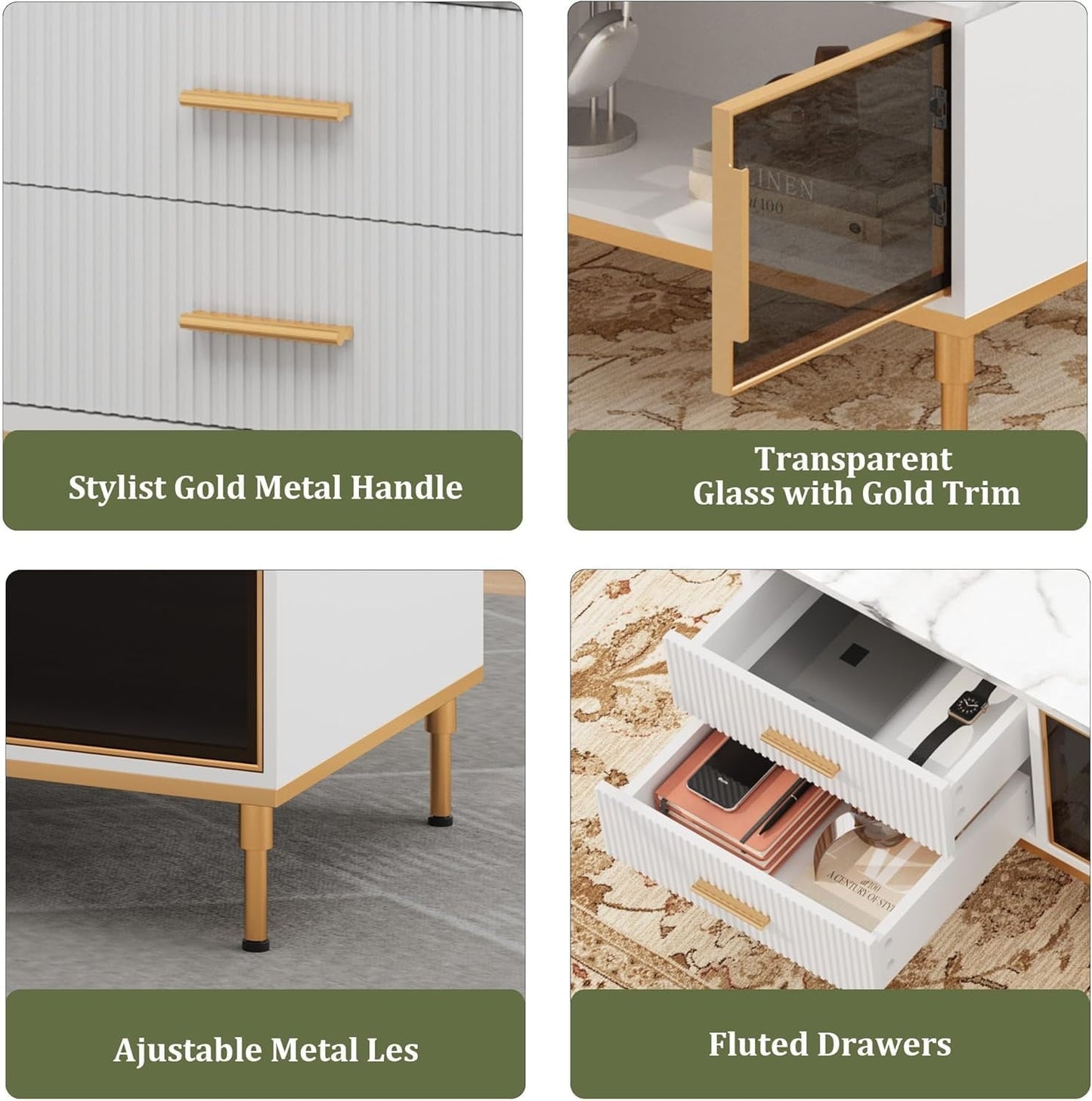 Coffee Table, Modern Coffee Table for Living Room with 4 Drawers, Glass-Front Cabinets, Faux Marble Fluted Panel Design, Stylish Storage Solution