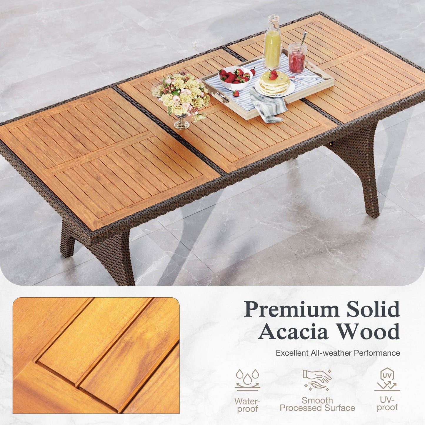 Alpha Joy Outdoor Acacia Wood Patio Dining Table for 6-8 Person, Dark Brown