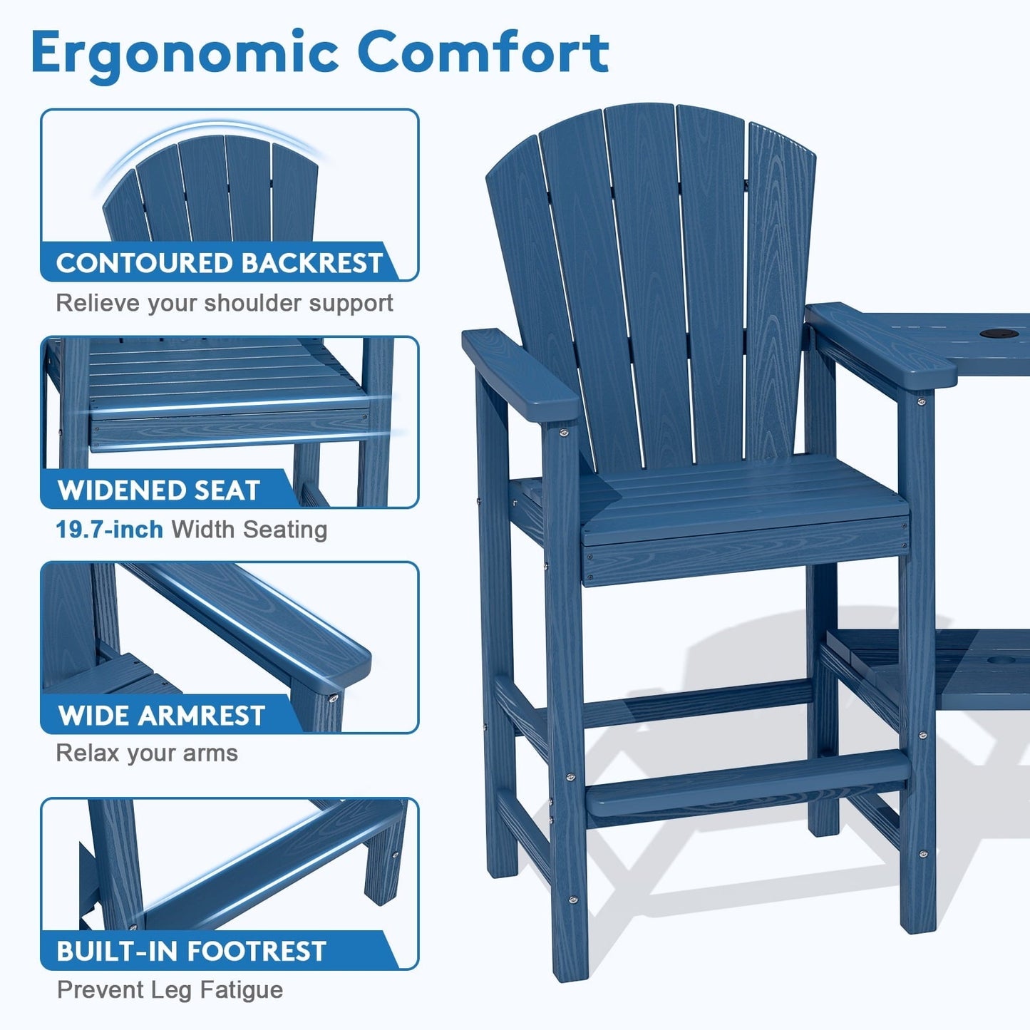 JUSTLET Tall Adirondack Chair Set of 2 with Double Connecting Tray, HDPE Outdoor Weather Resistant Patio Bar Stools, Navy Blue