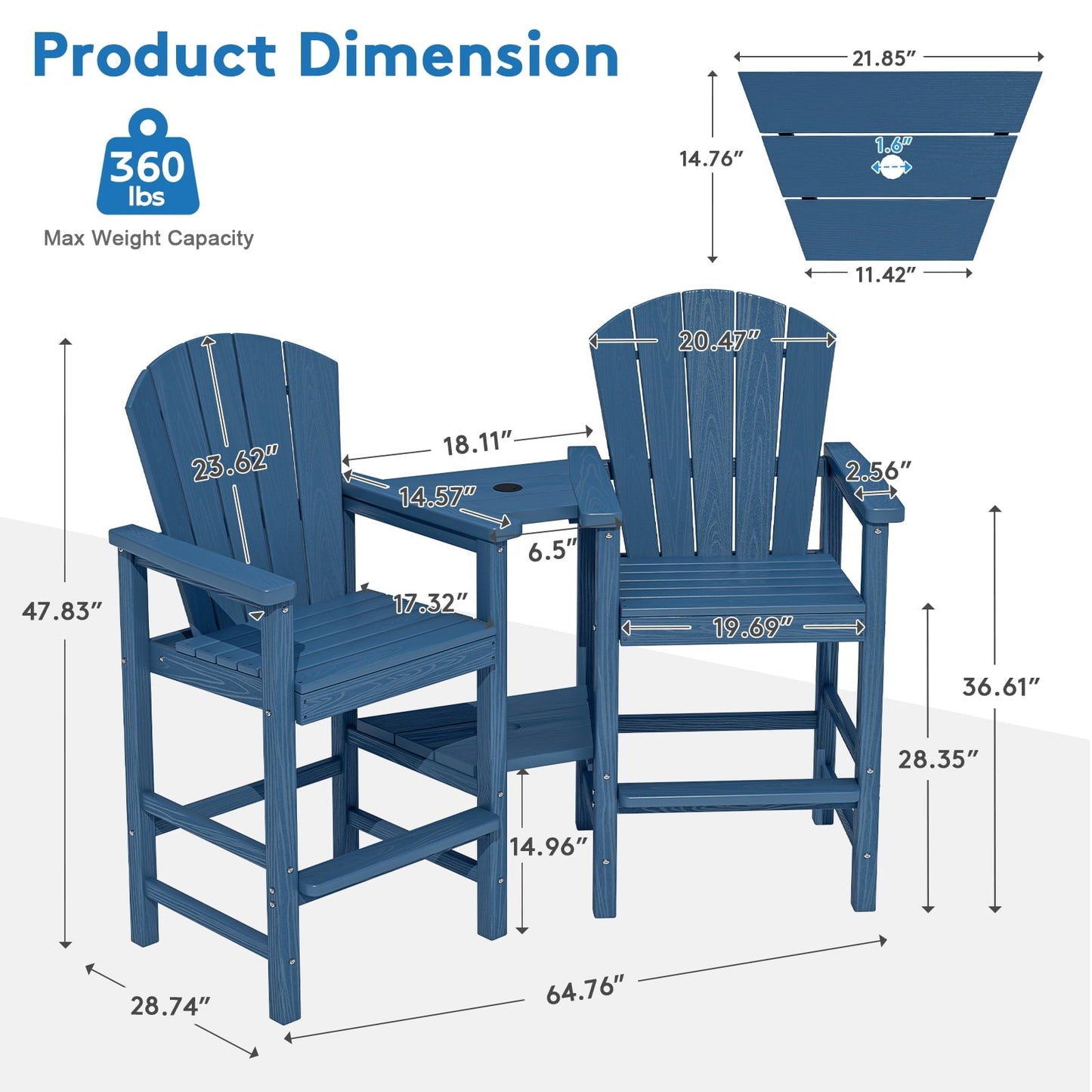 JUSTLET Tall Adirondack Chair Set of 2 with Double Connecting Tray, HDPE Outdoor Weather Resistant Patio Bar Stools, Navy Blue