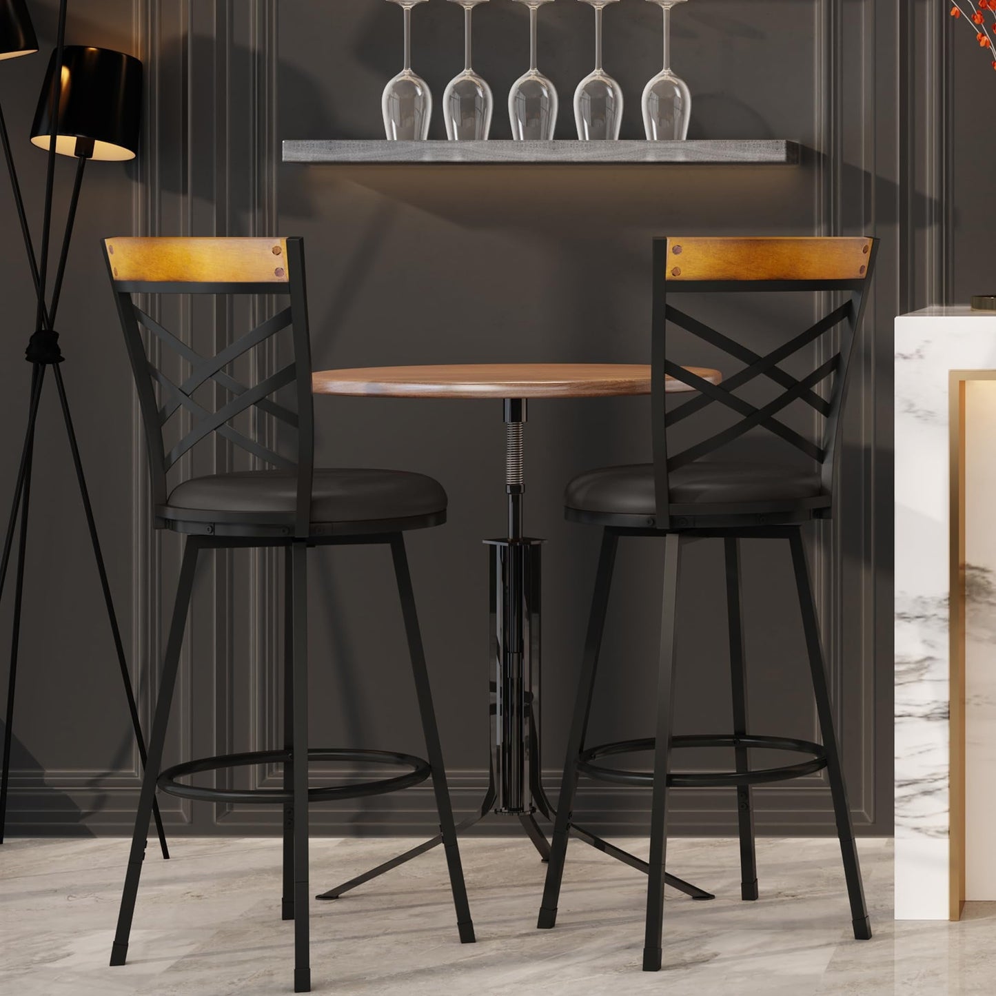 BOSHIRO Swivel Bar Stools Set of 2, 24–29” Adjustable Height Leather Kitchen Counter Chairs, 360° Rotation, Antique Bronze Frame, Black