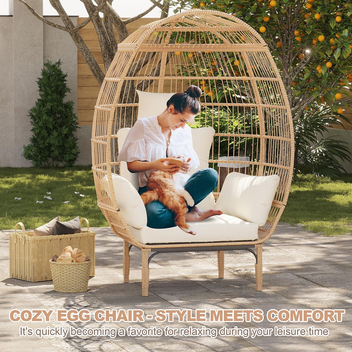Danolapsi Wicker Egg Chair Outdoor, Oversized Egg-Shaped Chair with Metal Frame Stand, 500 Lbs Capacity Oversized Attan Egg Lounge Chairs for Patio, Backyard, Living Room