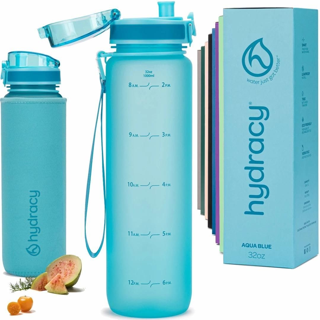Hydracy 32 oz Motivational Water Bottle with Time Marker, 1 Liter Water Jug, Reusable Gym Water Bottle With Strap, Leak Proof Chug Lid, Bike Bottle with Fruit Infusion Strainer, Ideal Gift