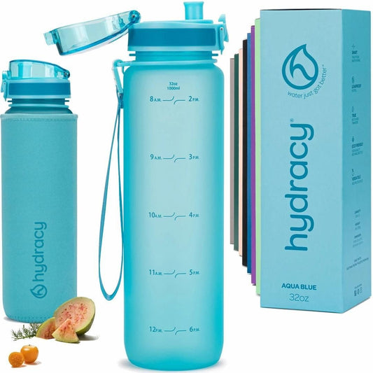 Hydracy 32 oz Motivational Water Bottle with Time Marker, 1 Liter Water Jug, Reusable Gym Water Bottle With Strap, Leak Proof Chug Lid, Bike Bottle with Fruit Infusion Strainer, Ideal Gift
