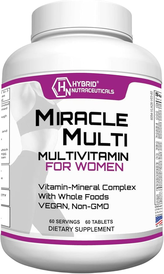 Hybrid Nutraceuticals MiracleMulti Women Multivitamin with Probiotics, Biotin, Folic Acid, Enzymes + Fruit & Vegetable Blend - Immune Support, Heart Health, Energy: 60 Servings (Non-GMO)