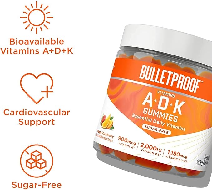 Bulletproof Vitamins A+D+K, 60 Sugar-Free Gummies, Strawberry Orange Flavor |Turmeric Sugar-Free Gummies, 60 Count, Peach Ginger