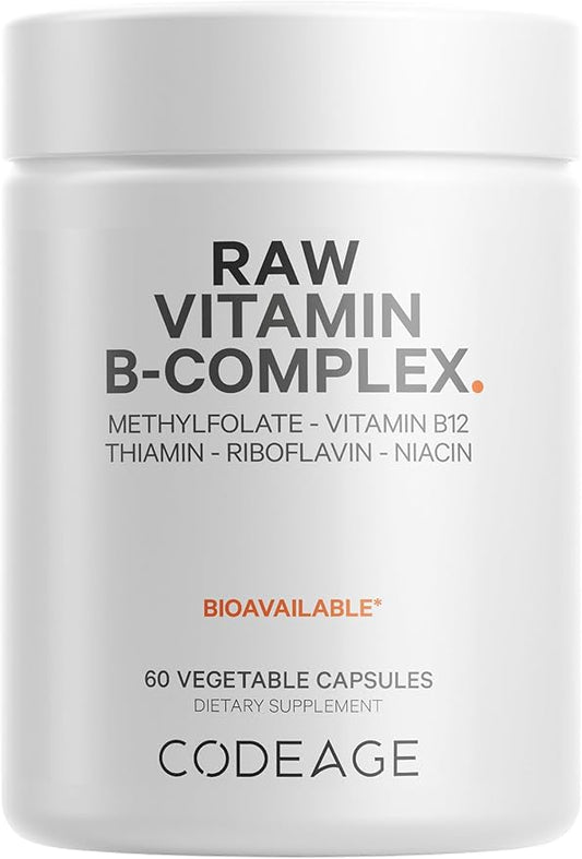Codeage Raw Vitamin B-Complex Supplement - Essential B Vitamins with Probiotics, Digestive Enzymes, Fruits & Vegetables - 2-Month Supply - Methylfolate - Biotin - Vitamin B12 - Non-GMO - 60 Capsules