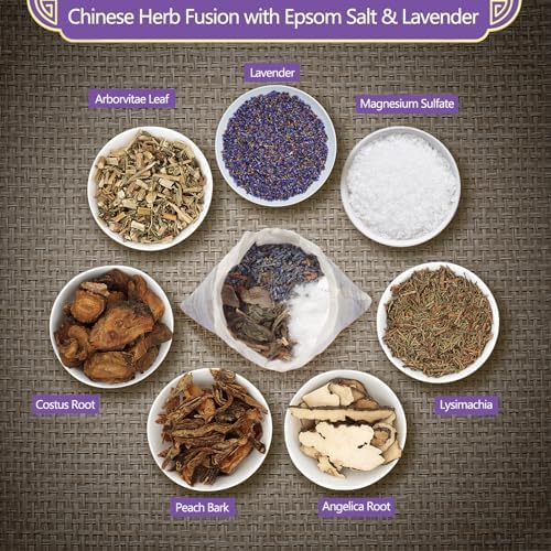 Chinese Herbal Bath Soak with Epsom Salt & Lavender, for Soothing Relief, Energy Rebalance & Stress Detox, Better Sleep– 5 Sachets (3.5 oz Each)