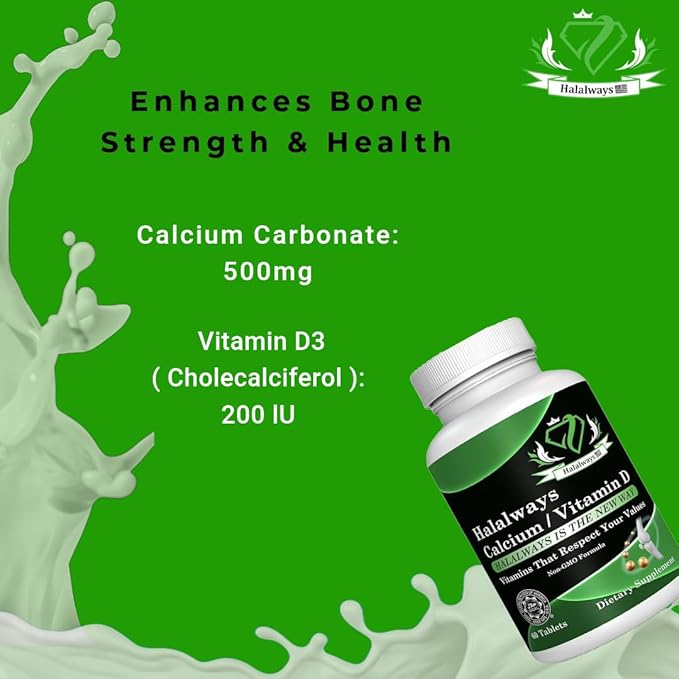 Halalways Calcium/Vitamin D Certified Halal Supplement Bone Health Support, with Calcium & Vitamin D, Dietary Supplement, Vitamin Supplements, for Men & Women, (650mg Calcium, Vitamin D 10mcg)