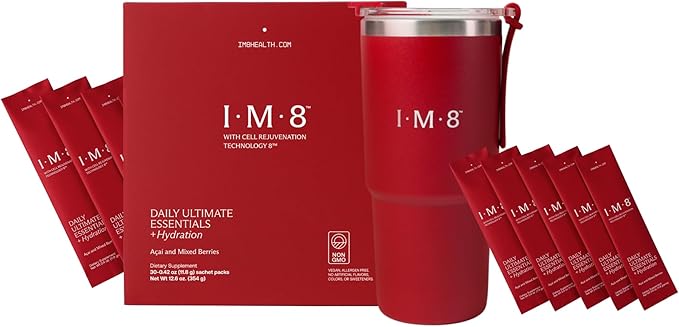 Daily Ultimate Essentials All-in-One Multivitamin Supplement, 92 Nutrient Rich Ingredients CoQ10, Probiotics, Vitamins, Greens, GF, Acai Mixed Berry (30 Servings, Travel Packs - Tumbler Included)
