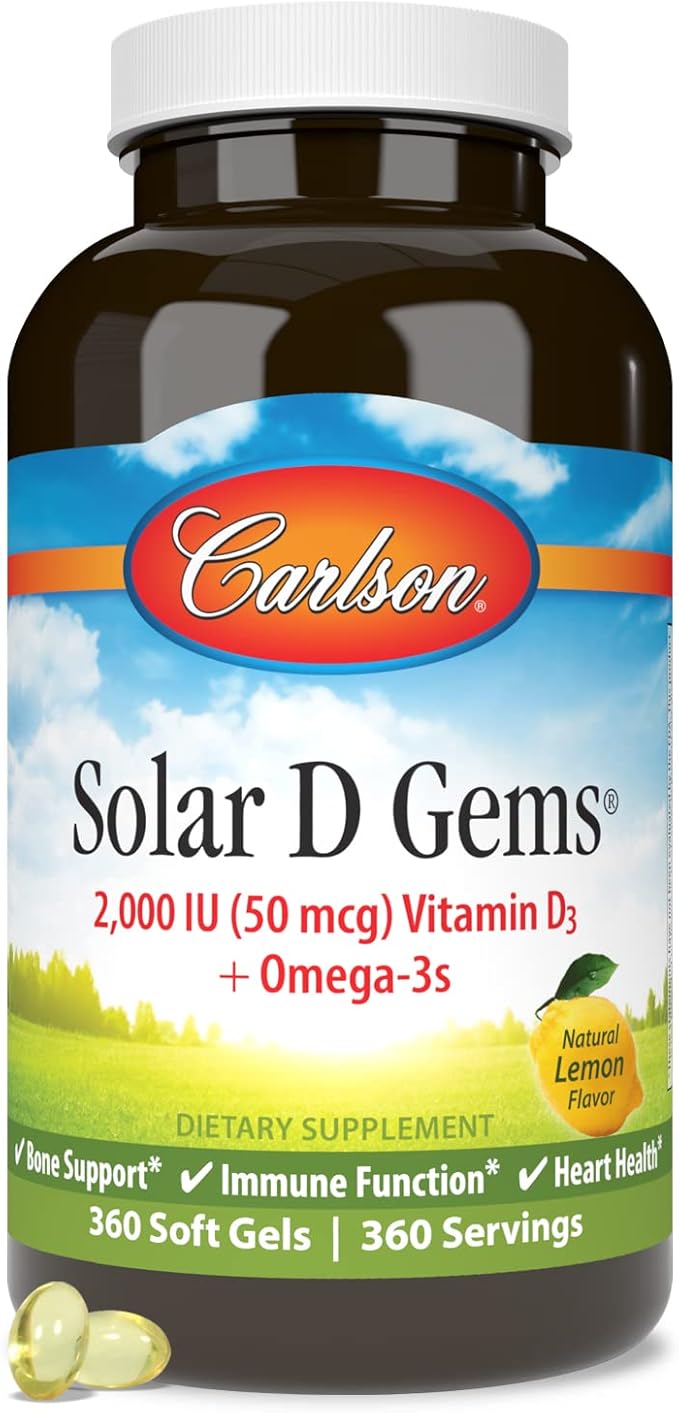 Carlson - Solar D Gems, Vitamin D3 and Omega-3 Supplement, 2000 IU (50 mcg) Vitamin D3, 115 mg Omega-3s EPA and DHA Supplement, Wild Caught, Sustainably Sourced, Lemon, 360 Softgels