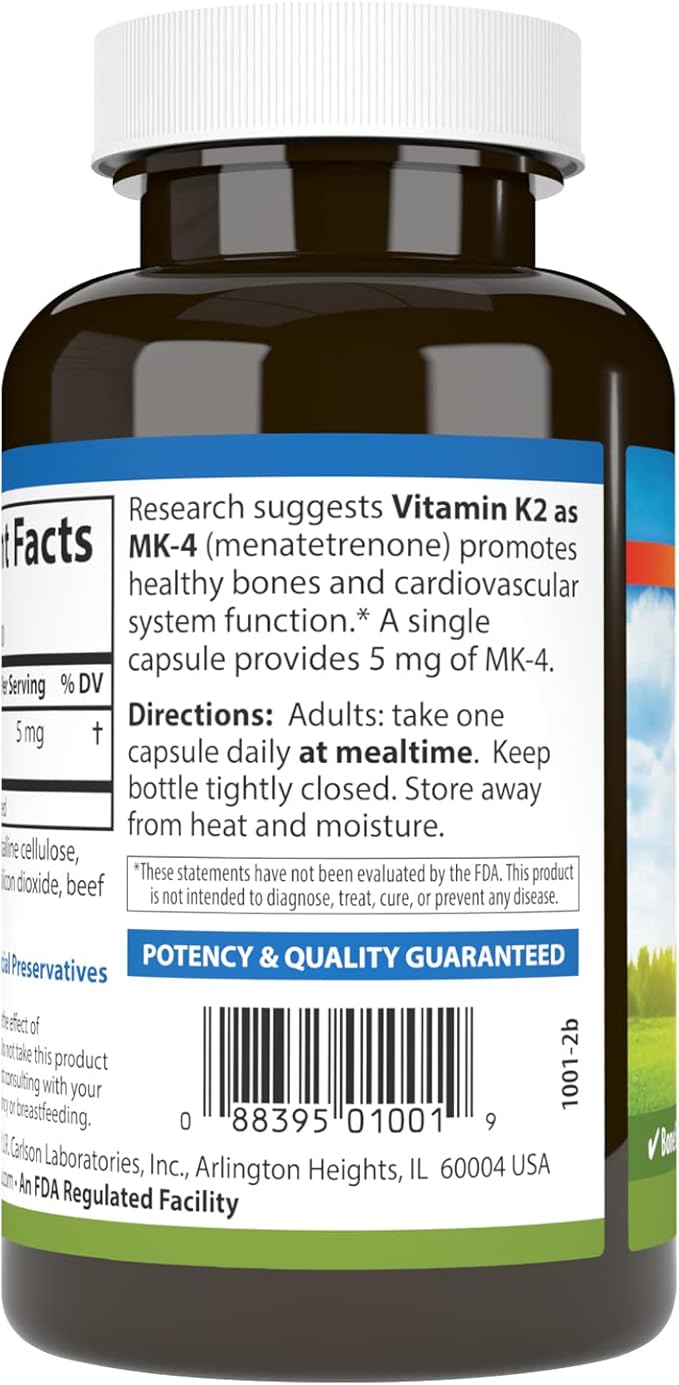 Carlson - Vitamin K2 MK-4 (Menatetrenone), 5 mg, Vitamin K Supplement, Bone Support, K2 Vitamin, Soy-Free, Vitamin K-2, 180 Capsules