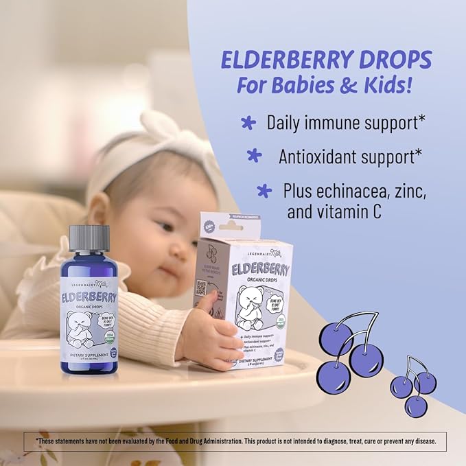 Legendairy Milk Organic Elderberry Drops - Baby Multivitamin with Echinacea, Vitamin C & Zinc for Immune Support - Ideal for Babies & Toddlers, Non-GMO - 30 Servings