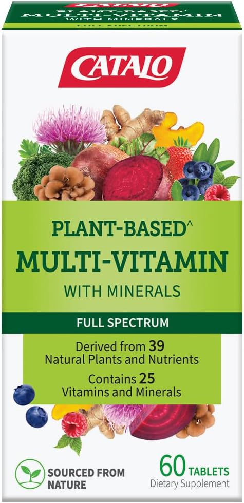 CATALO Multivitamin for Women & Men with Minerals Tablets – Plant-Based Formula with 25 Essential Vitamins & Minerals, Includes 39 Fruits, Vegetables, Mushrooms & Herbs – 60 Tablet