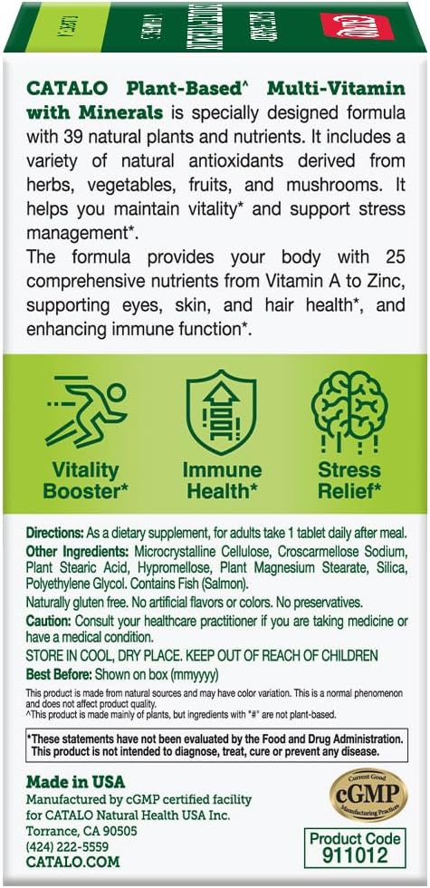 CATALO Multivitamin for Women & Men with Minerals Tablets – Plant-Based Formula with 25 Essential Vitamins & Minerals, Includes 39 Fruits, Vegetables, Mushrooms & Herbs – 60 Tablet