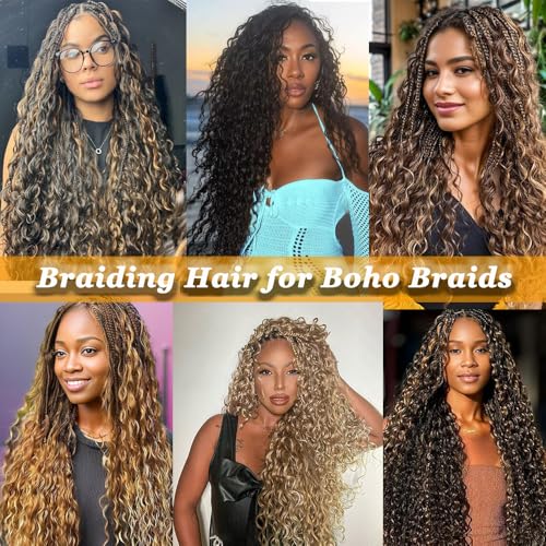 Human Braiding Hair Mix Synthetic Boho Hair for Braiding, 18 Inch Wet and Wavy 2 Pcs Deep Wave Bulk for Curly Bohemian Hair Extensions(1B, 18 Inch)