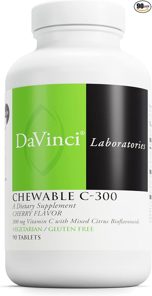 DaVinci Labs Chewable C-300 - Vitamin C Supplement to Support Immune Health, Cholesterol and Collagen Production - With Vitamin C, Pectin and More - Gluten-Free - Cherry Flavor - 90 Vegetarian Tablets