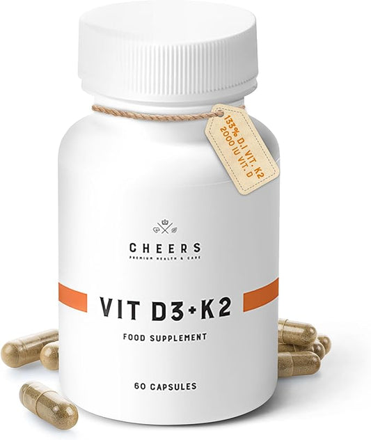 CHEERS - Vitamin D3 (a Natural Form of Vitamin D) & Vitamin K2 Food Supplement for Adults, 133% Daily Intake VIT K2 – 2000 IU Vitamin D in 1 Capsule Gluten-Free - for Men and Women