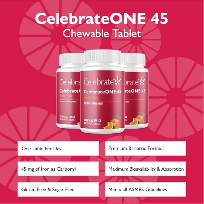 Celebrate Vitamins CelebrateONE 45 Chewables, 45mg Iron - One A Day Bariatric Multivitamin, Essential Vitamins & Minerals - Gastric Bypass & Sleeve Gastrectomy Supplement - Tropical (90 Tablets)