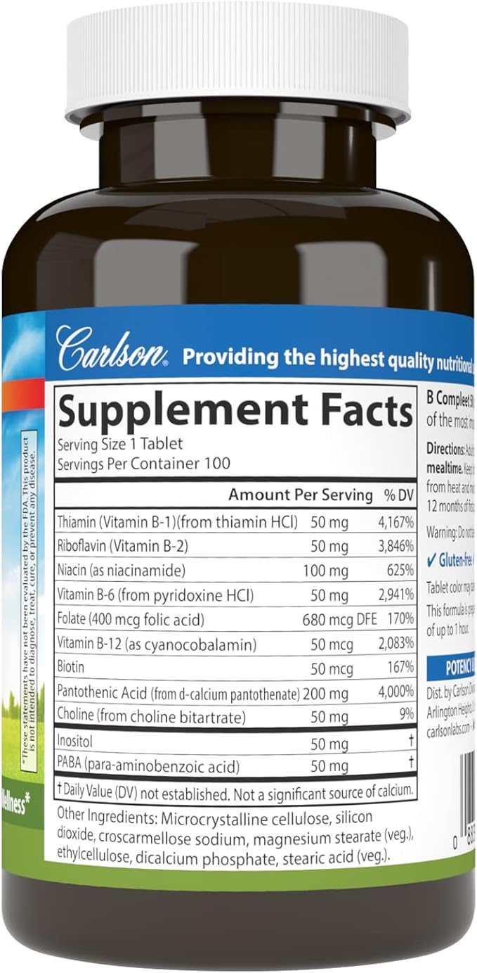 Carlson - B Compleet 50, Balanced Vitamin B Complex, Energy Production, Cellular Support & Optimal Wellness, 100 Tablets