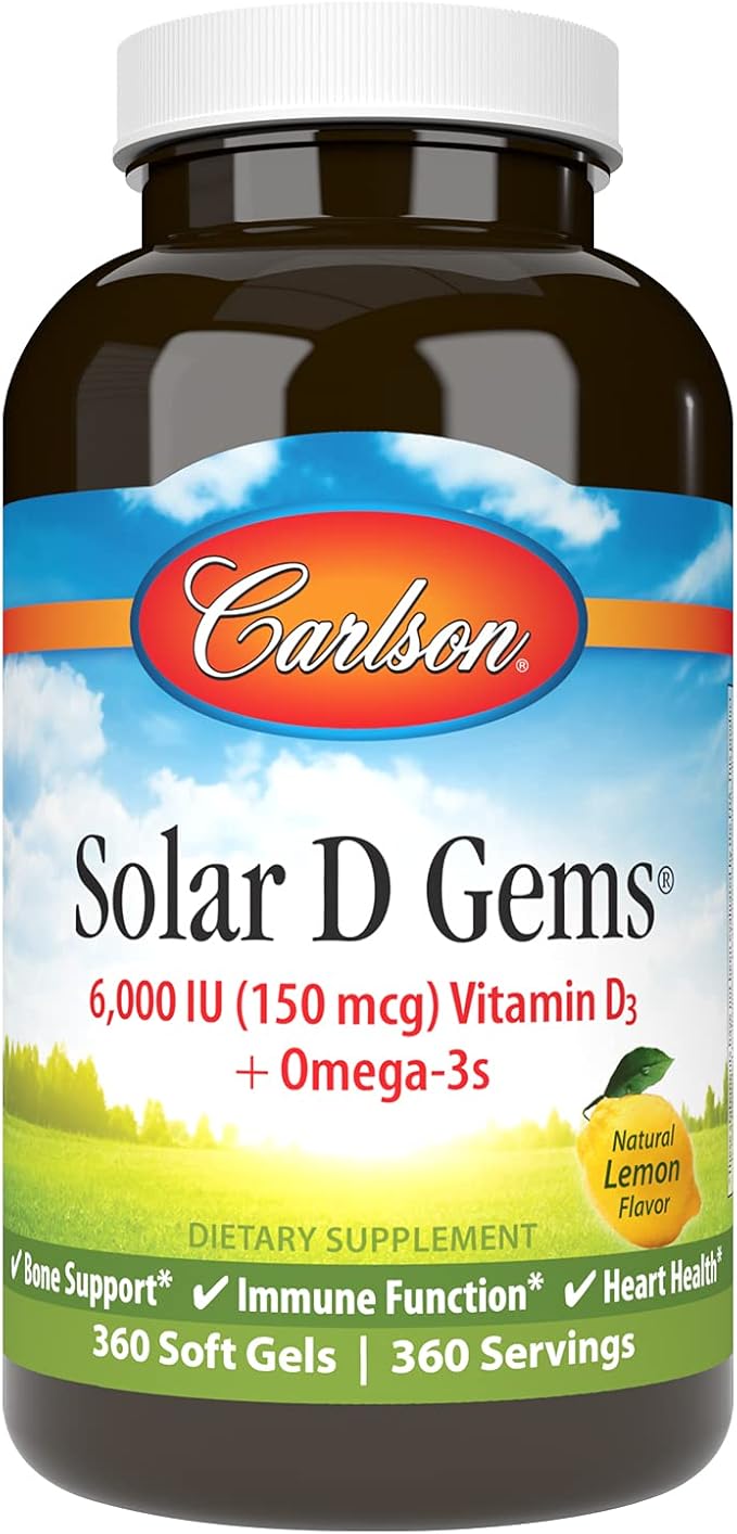 Carlson - Solar D Gems, Vitamin D3 and Omega-3 Supplement, 6000 IU (150 mcg) Vitamin D3, 115 mg Omega-3s EPA and DHA Supplement, Wild Caught, Sustainably Sourced, Lemon, 360 Softgels
