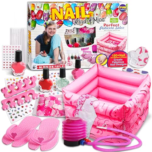 Kid Foot Spa Kit, Funkidz Pedicure Set for Girls Size 17.91Wx12.4L Box Includes Bigger Inflatable Durable Foot Tub Inflator Pump Peelable Nail Polish Supplies of Sleepover Slumber Party Kit