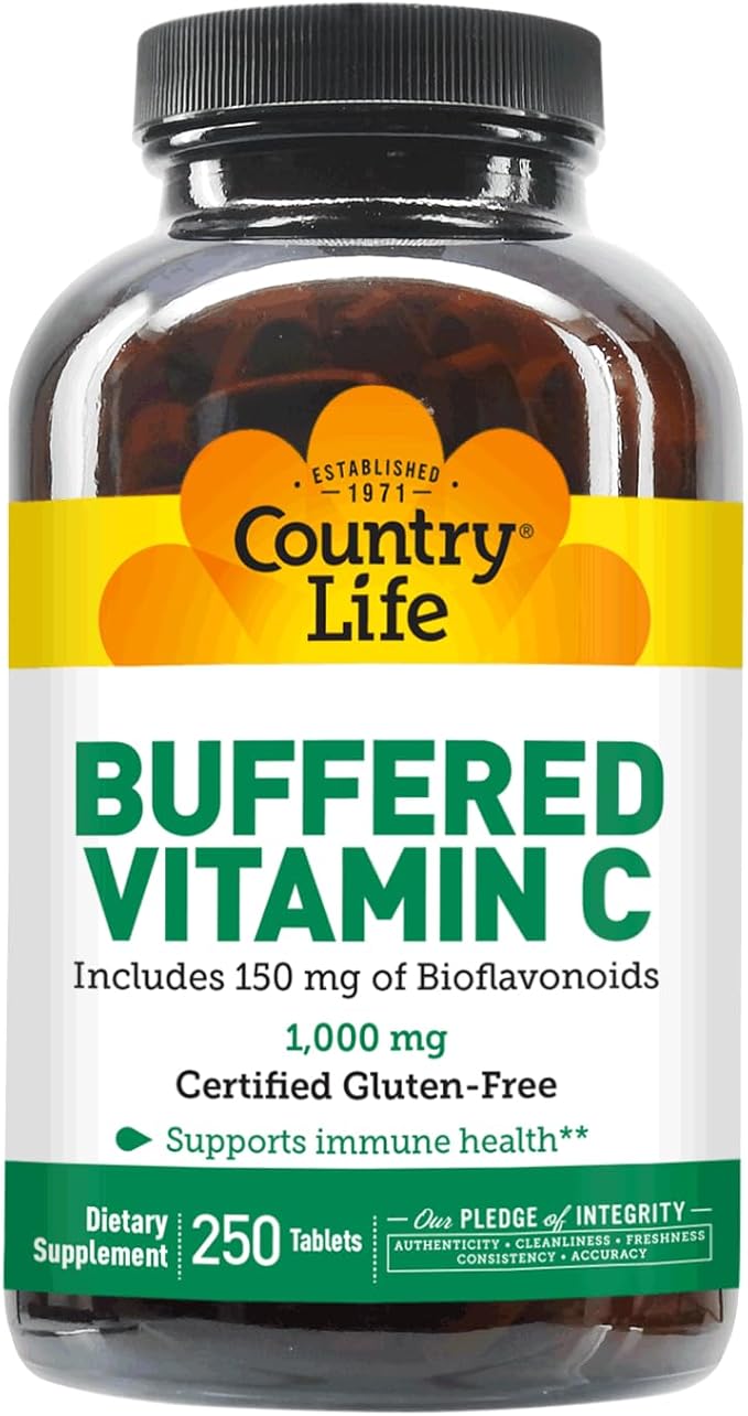 Country Life Buffered Vitamin C 1000mg with Bioflavonoids, Calcium, Magnesium, Potassium - Immune Support, Vegan Capsules, Gluten-Free, Gentle on Stomach - 250 Tablets